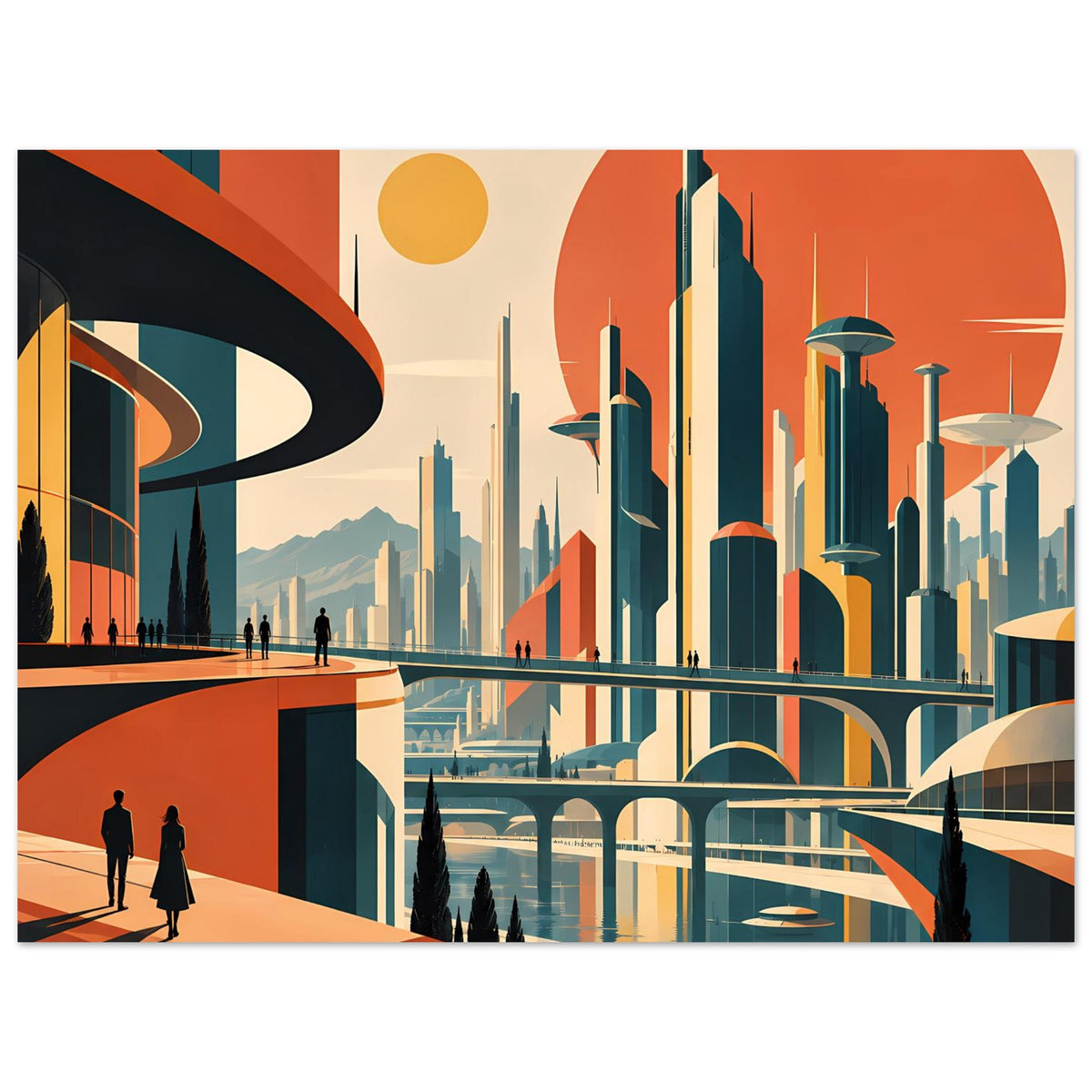 Kunstdruck im Querformat: futuristische Skyline, geschwungene Brücke über Wasser und orange Sonne