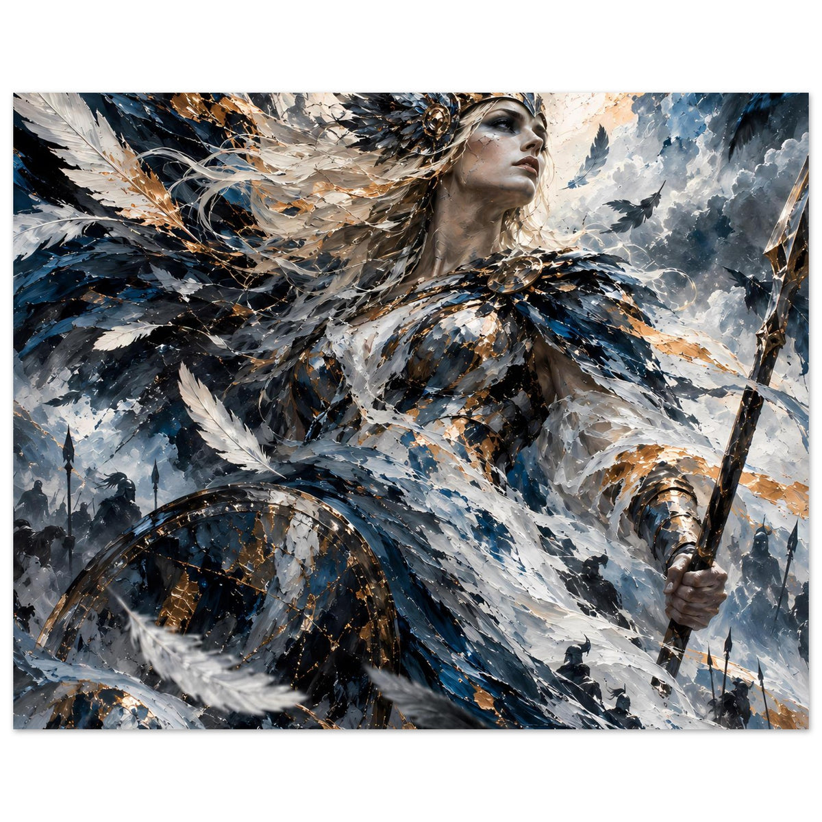 Poster mit Valkyrie in Blau-Grau und Gold, Flügel und Schild, Querformat