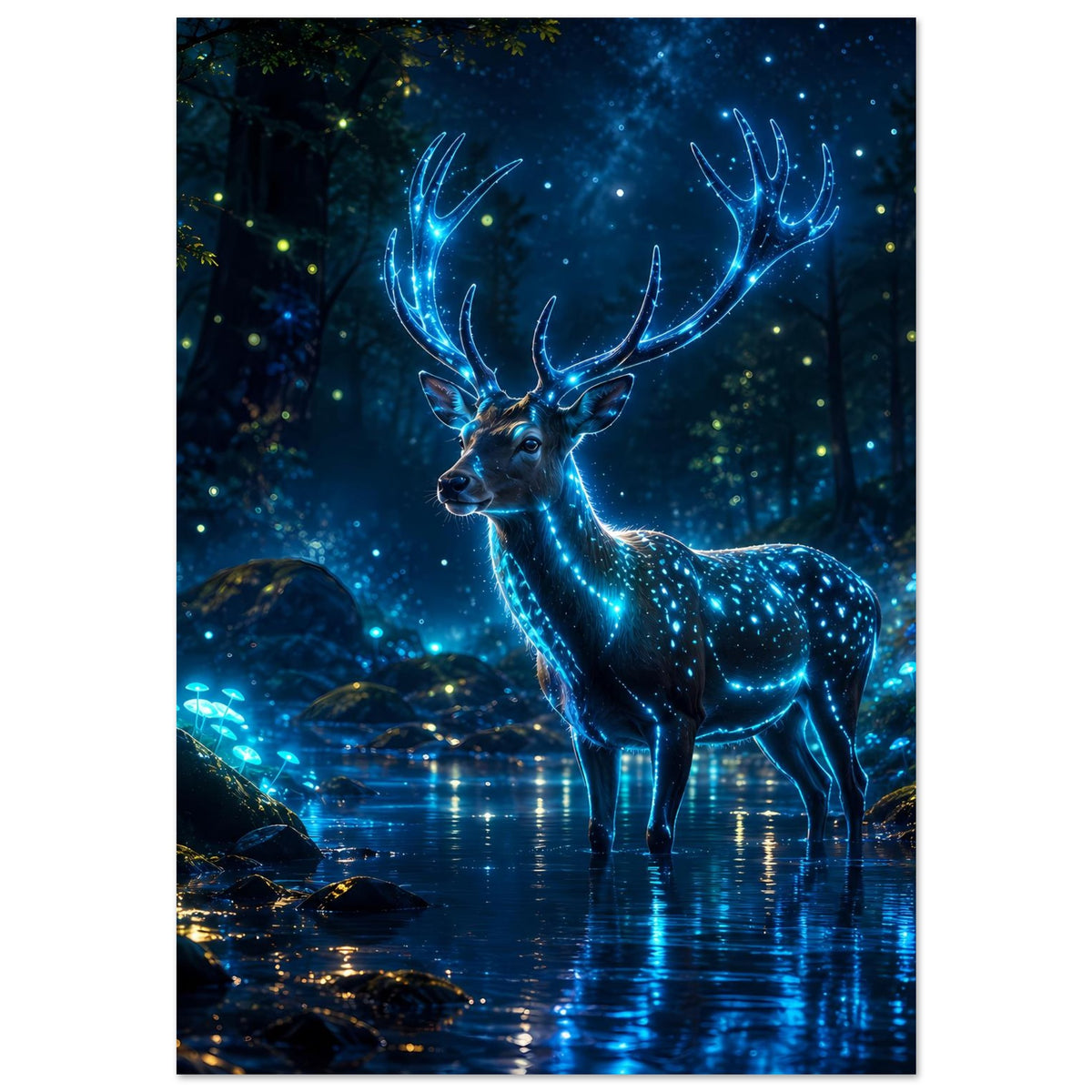 Poster: leuchtender Hirsch mit funkelnden Punkten und blauem Licht, stehend im Waldsee