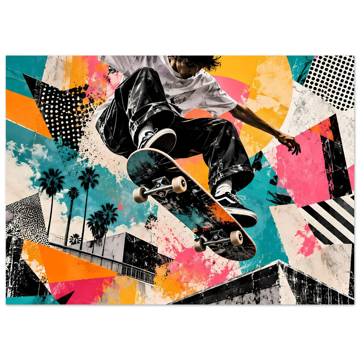 Street-Art-Poster im Querformat mit Skateboarder, buntes geometrisches Street-Art-Design