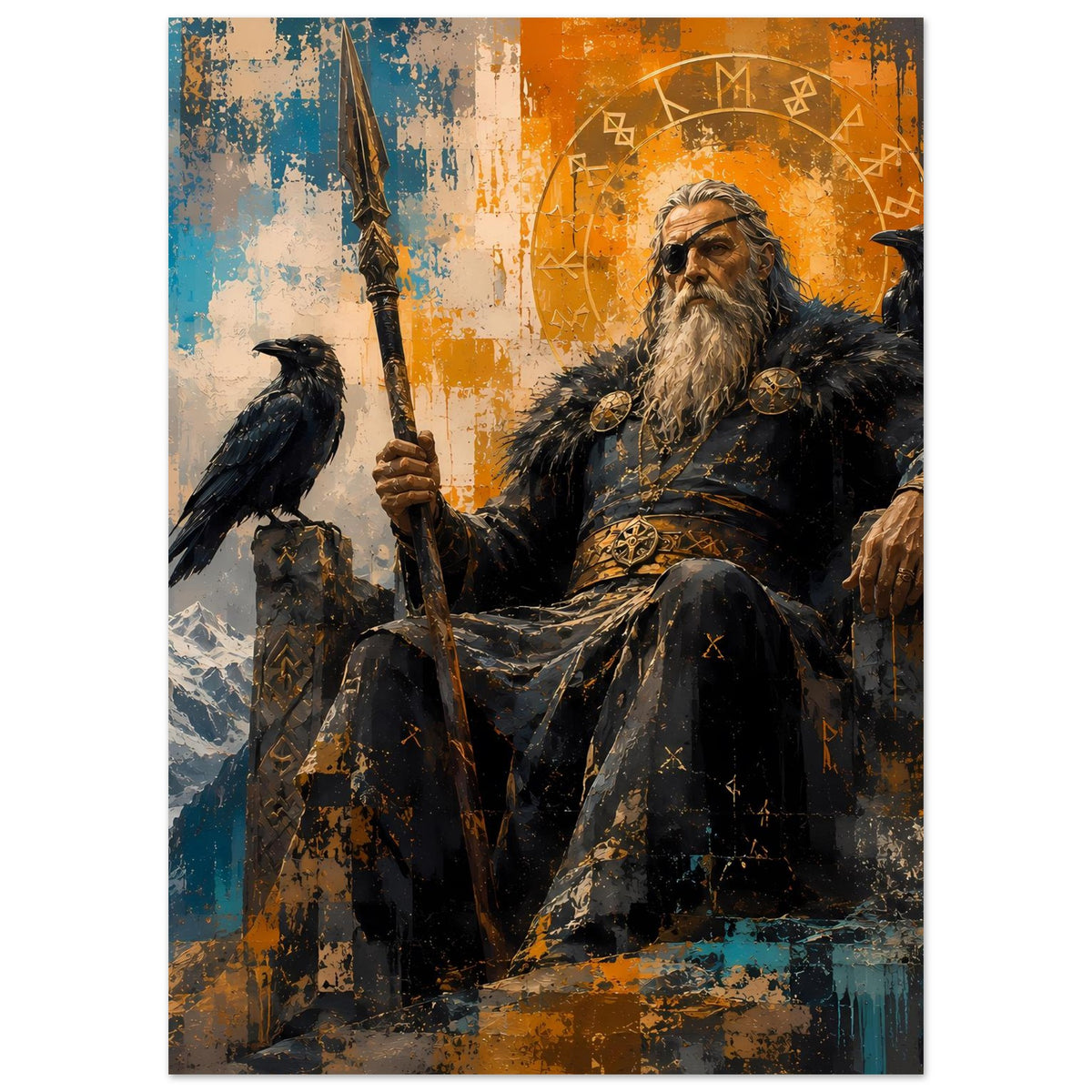 Wikinger-Poster im Hochformat: Gott mit langem Bart, hält Stab, Rabe vor Runenkreis