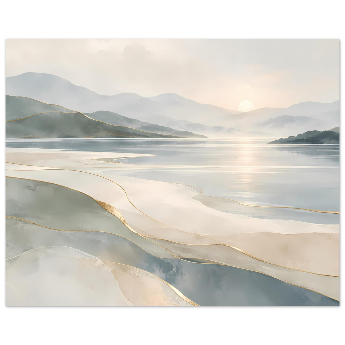 Poster mit Küstenlandschaft: Beige und Grau, goldene Linien und ruhige Wasseroberfläche