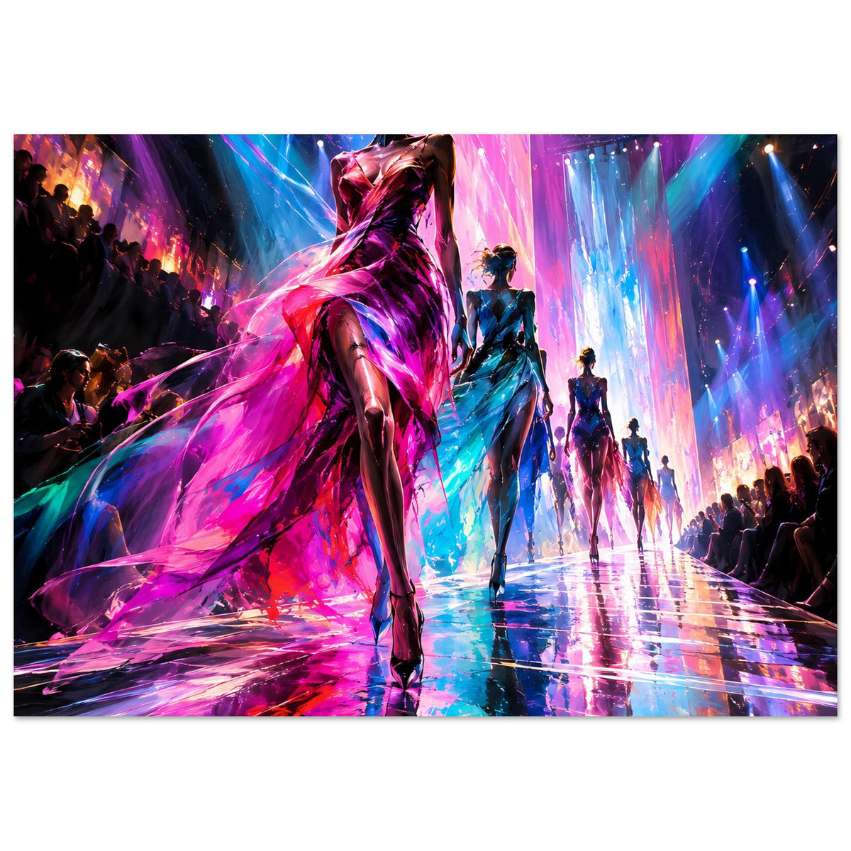 Buntes Runway-Poster: Frau im schwarzen Kleid, mehrfarbige Scheinwerfer, Silhouetten im Saal