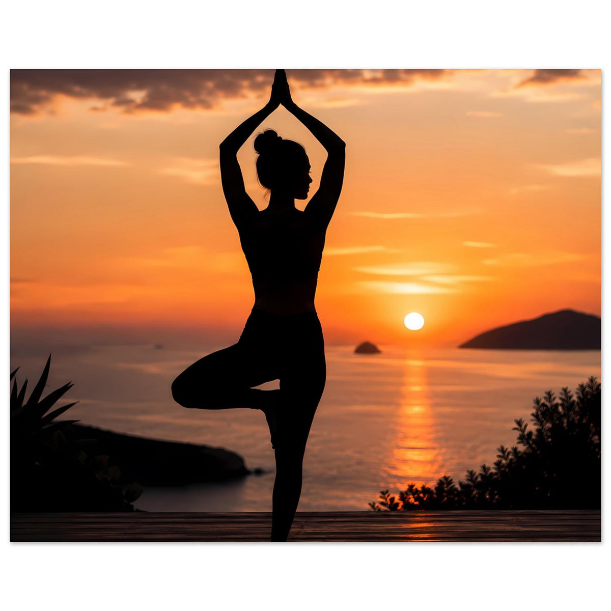 Yoga-Posenposter im Hochformat: schwarze Yoga-Silhouette im Lotussitz vor See bei Sonnenuntergang