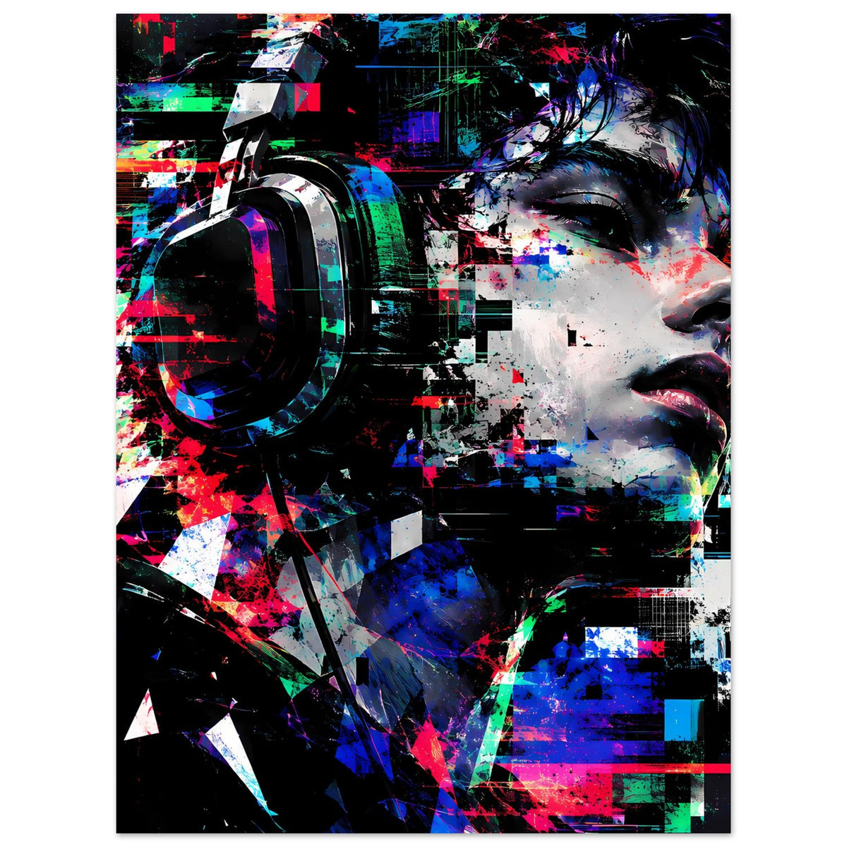 Kunstposter mit Porträt im Neon-Look, bunte Pixel-Optik und schwarzer Einfassung