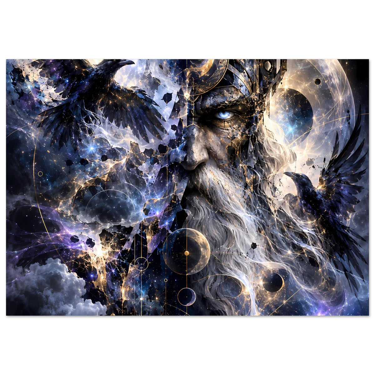 Fantasy-Poster mit silbernem Königsgesicht, Raben und Sternen im Weltraum-Muster