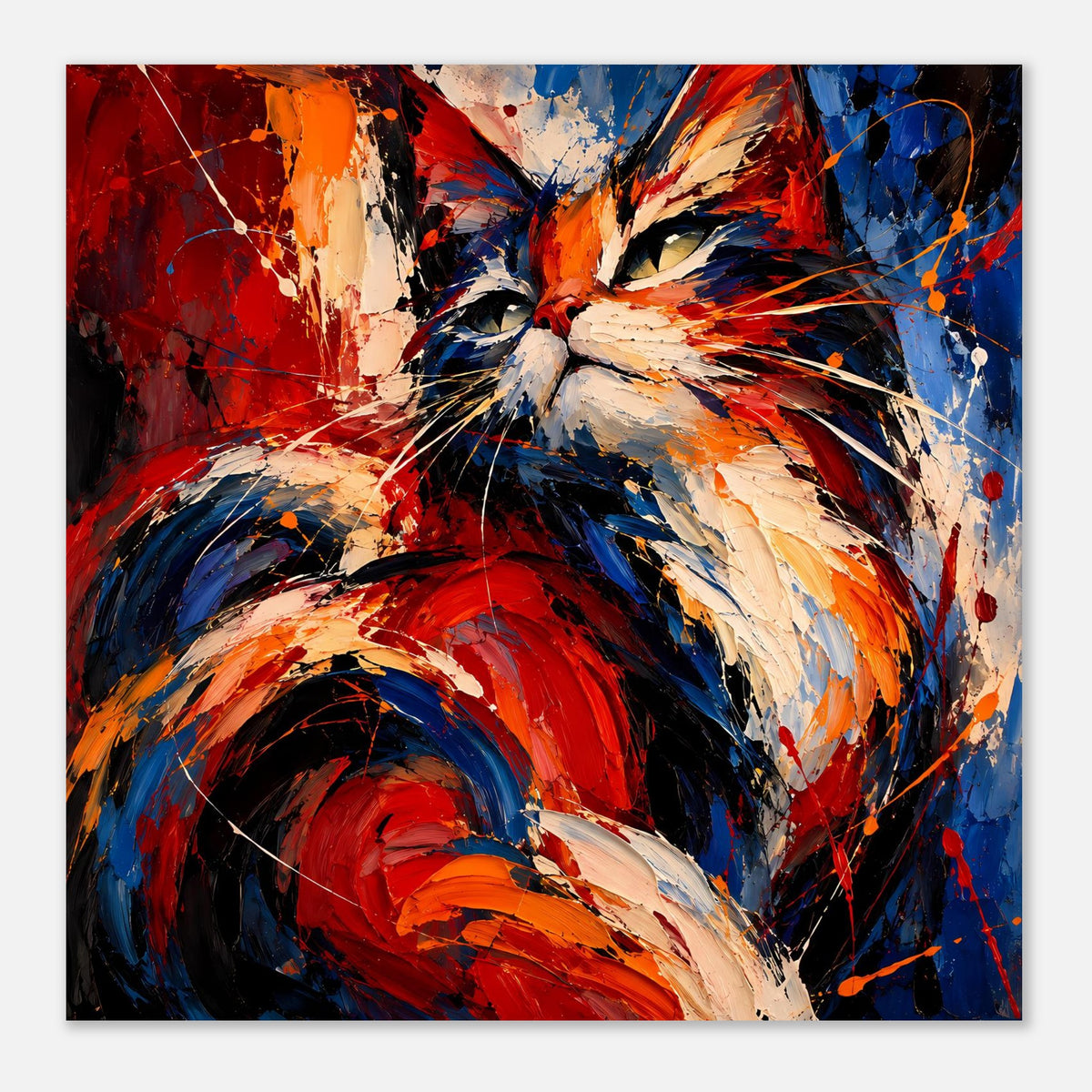 Quadratisches Poster mit abstrakter Katze: Rot, Blau und Weiß in geschichteten Pinselstrichen