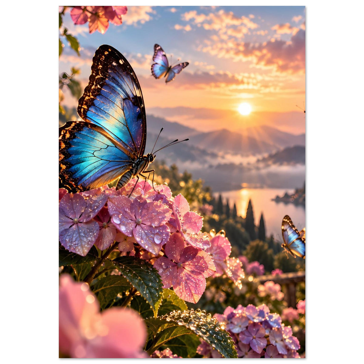 Poster mit blauen Schmetterlingen auf rosa Blüten, Sonnenuntergangslandschaft, eng zugeschnitten