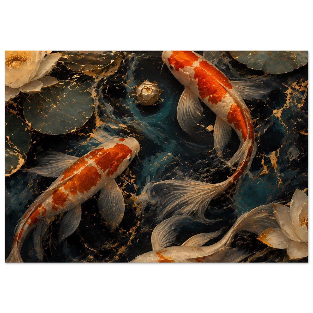 Kunstposter mit Koi-Fischen im Teich, orange-weiße und graue Karpfen vor Felsbrocken