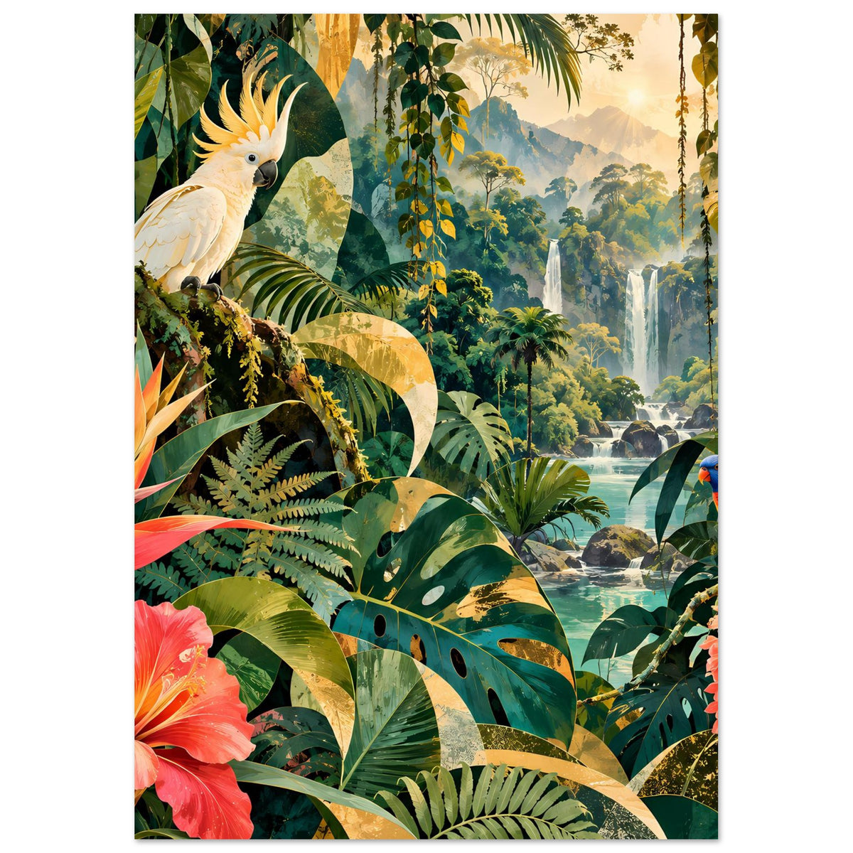 Vertikales Poster mit Dschungelpflanzen, Kakadu und Papagei in satten Farben