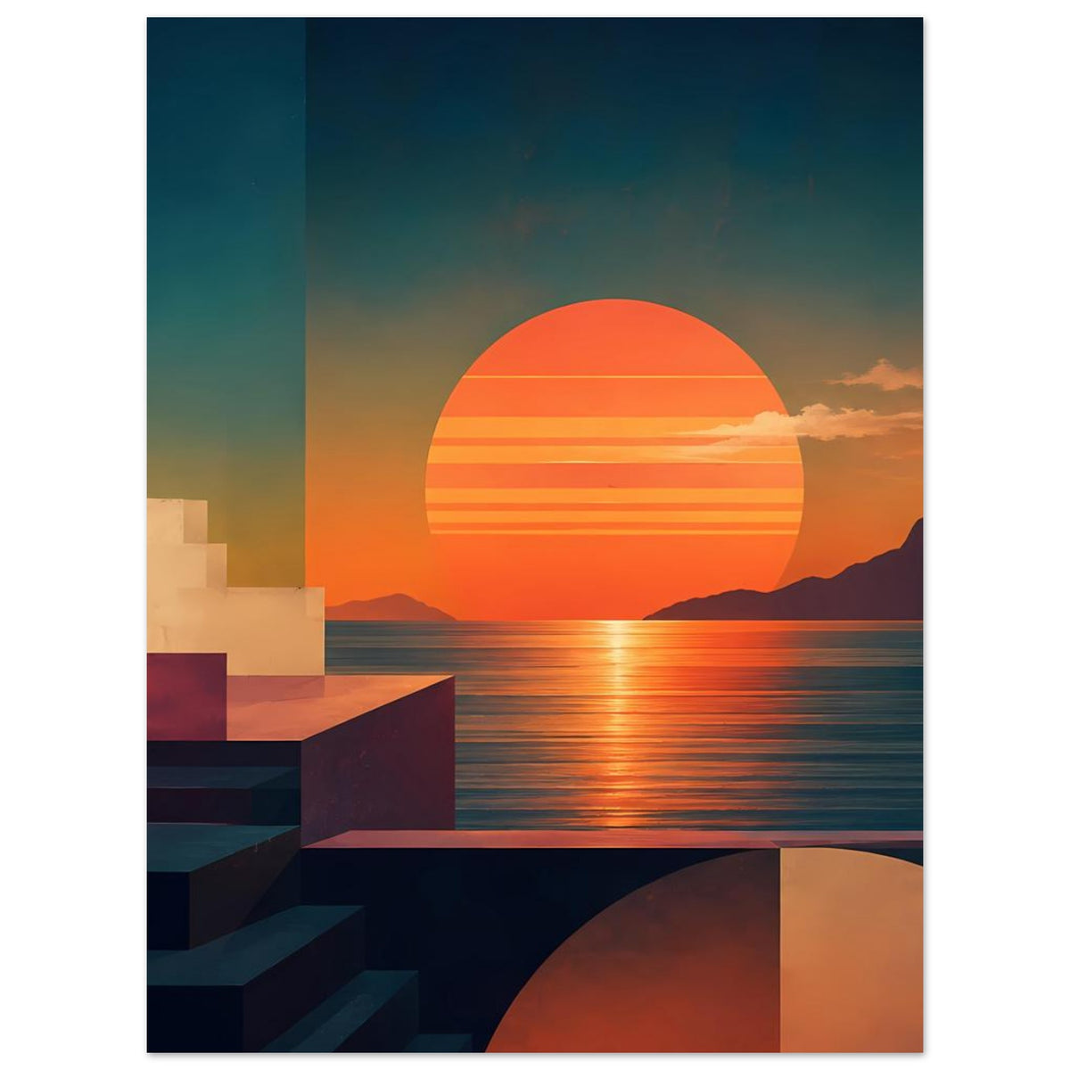 Kunstposter mit orangefarbenem Sonnenkreis, Meer mit Lichtreflexen und Blockarchitektur links