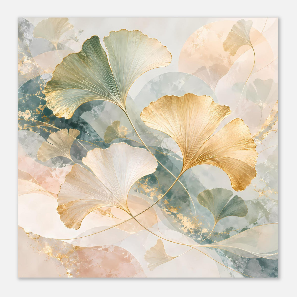 Querformat-Poster mit Ginkgo-Blättern in Gold, Türkis und Creme, feine Linien und Akzente