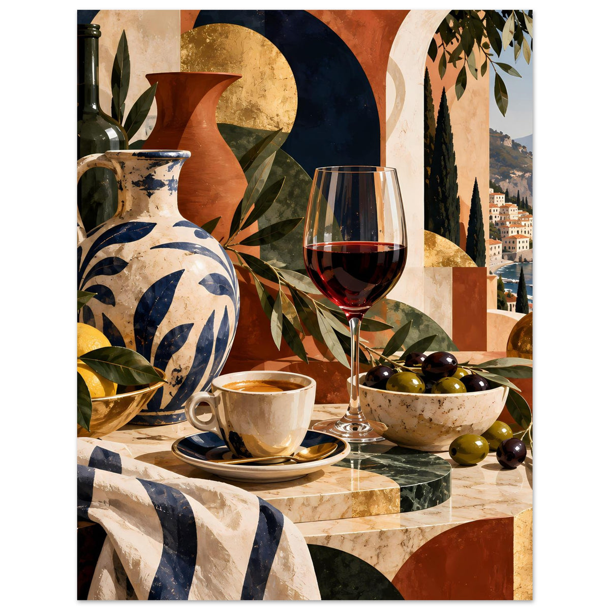 Vertikales Poster-Stilleben mit Vase und Weinglas, Schale mit Oliven und Küstenansicht