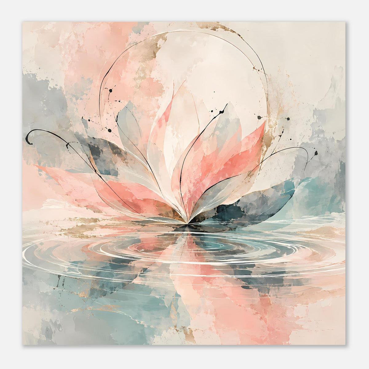 Kunstposter mit Aquarellblüte und Farbspritzern in Rosa und Pastellblau, klarer Blütenkern