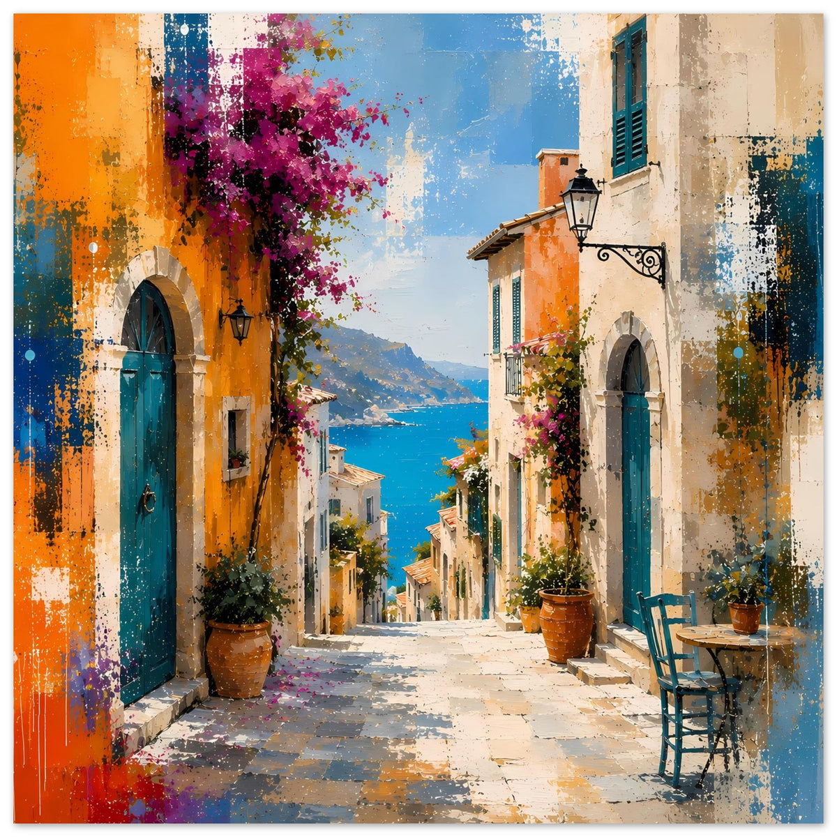 Gerahmtes Poster mit mediterraner Gasse, farbigem Spritzdekor und Sitzgelegenheit rechts