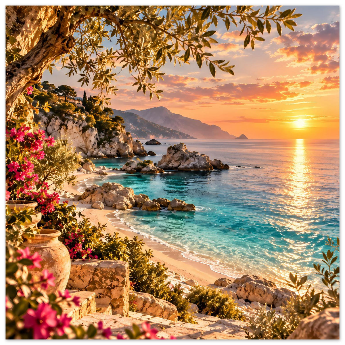 Strandposter mit Sonnenuntergang am Meer, Felsbucht, türkisfarbenem Wasser und Blüten