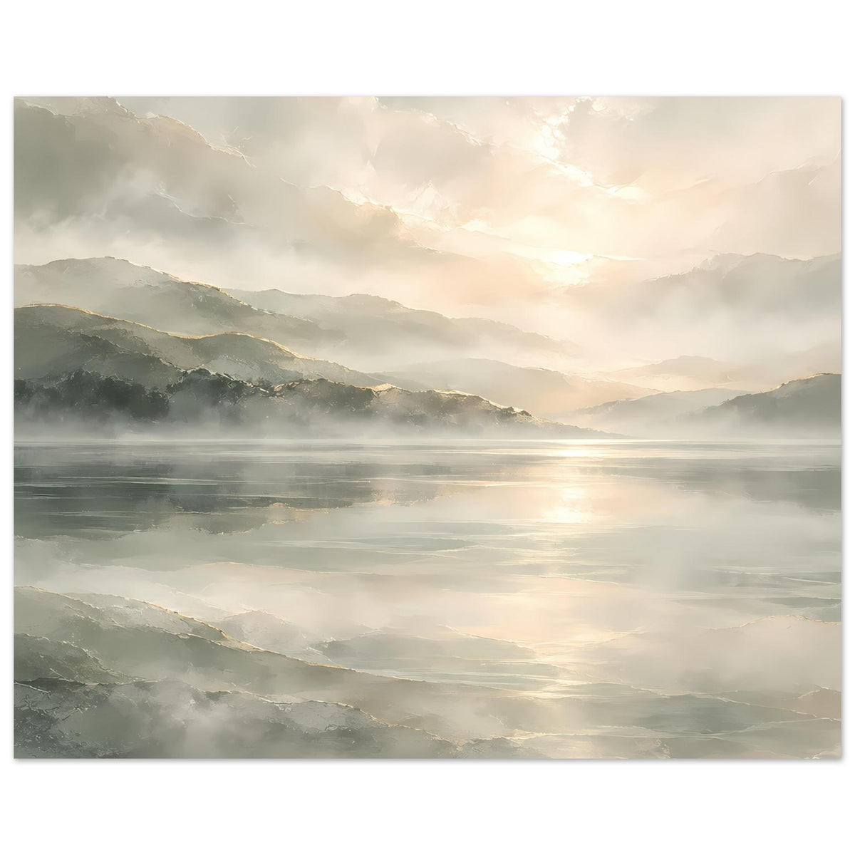 Poster mit nebligem See, ruhigen Bergen und weichem Sonnenlicht, matt