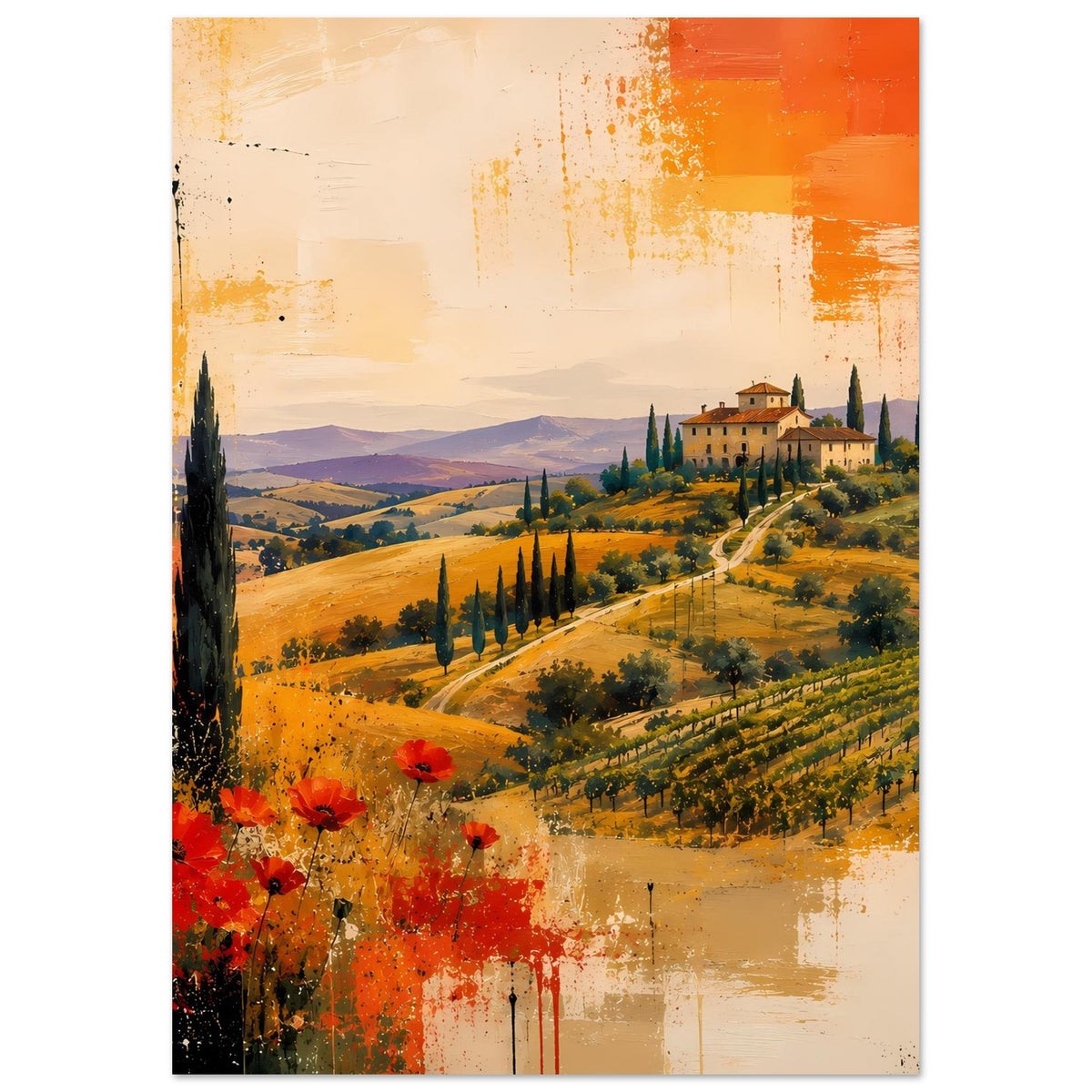 Abstraktes Poster, toskanische Landschaft mit Zypressen und roten Mohnblumen, beige-orangefarbene Sprenkel