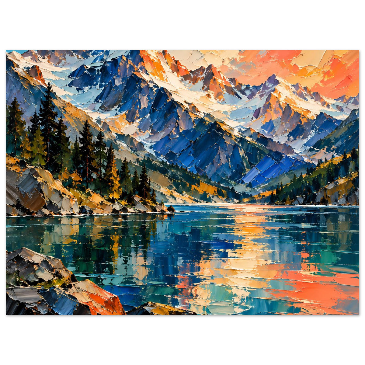 Poster mit Bergsee-Landschaft, breiter Bildausschnitt, spiegelnde Seeoberfläche und Felsvordergrund