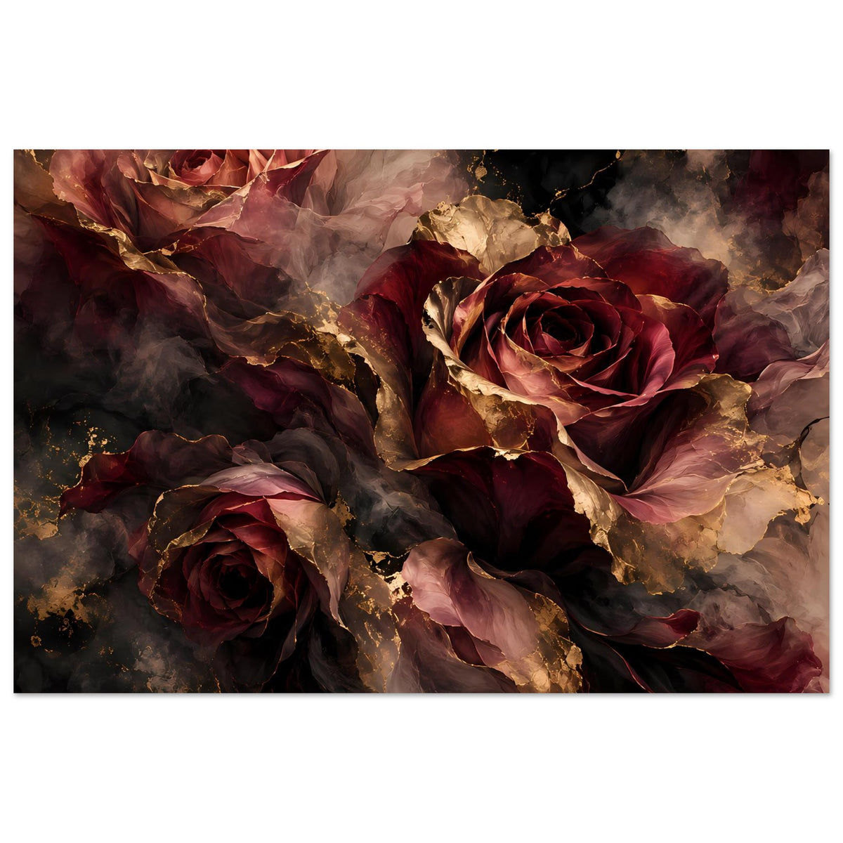 Poster mit dunklen Rosen und goldenen Details, floral mit Nebeloptik