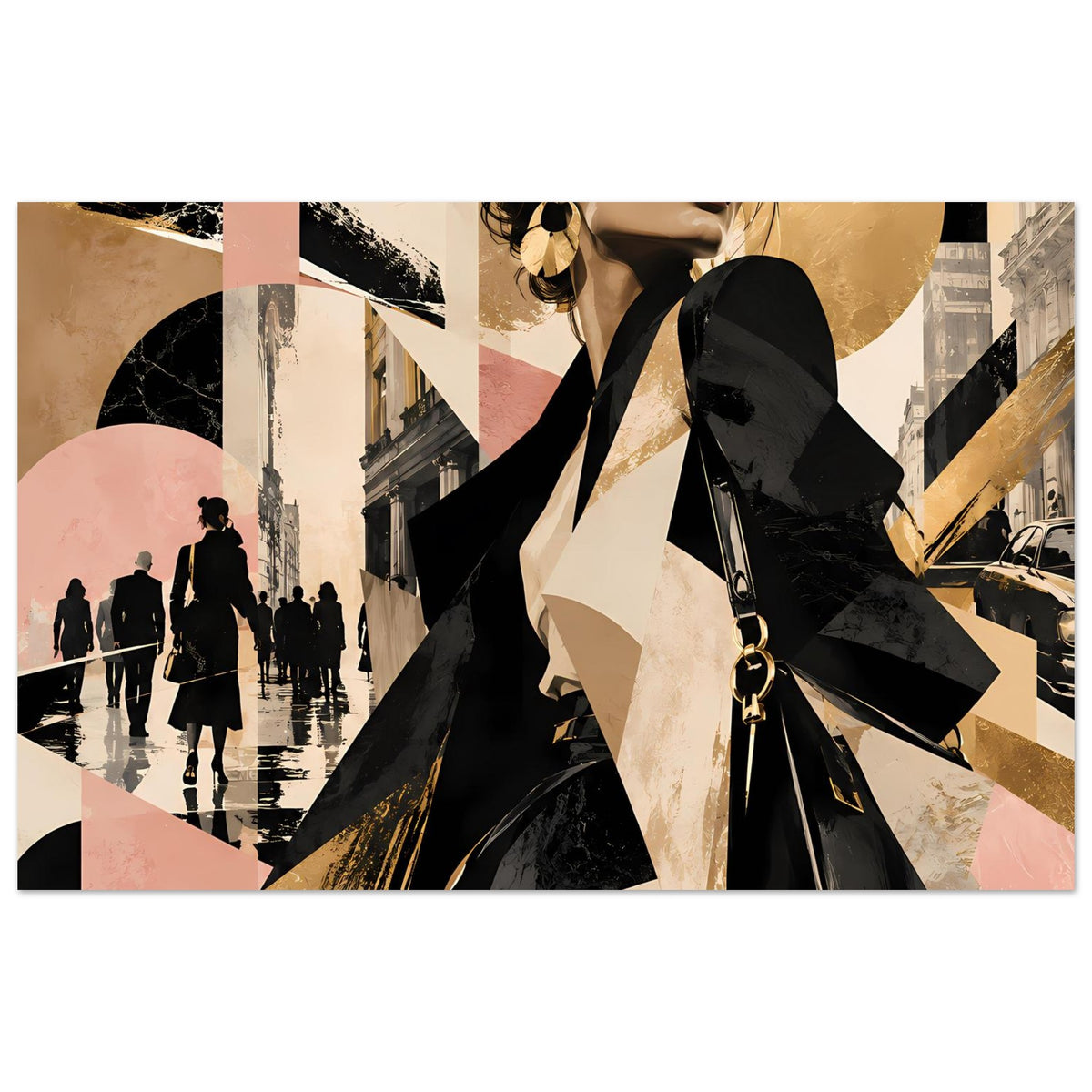 Poster im Querformat mit Modeillustration: Frau in Sonnenbrille, schwarze Tasche und goldene Formen