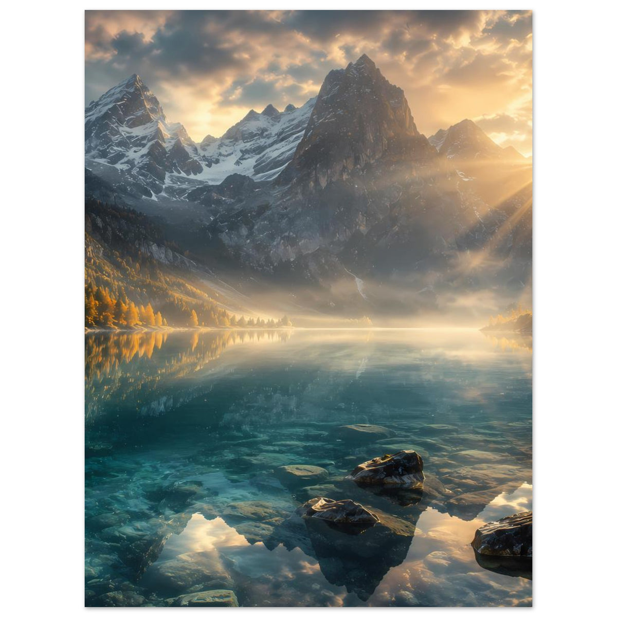 Landschaftsposter mit Bergsee, Felsen im Vordergrund und goldenem Sonnenlicht am Himmel