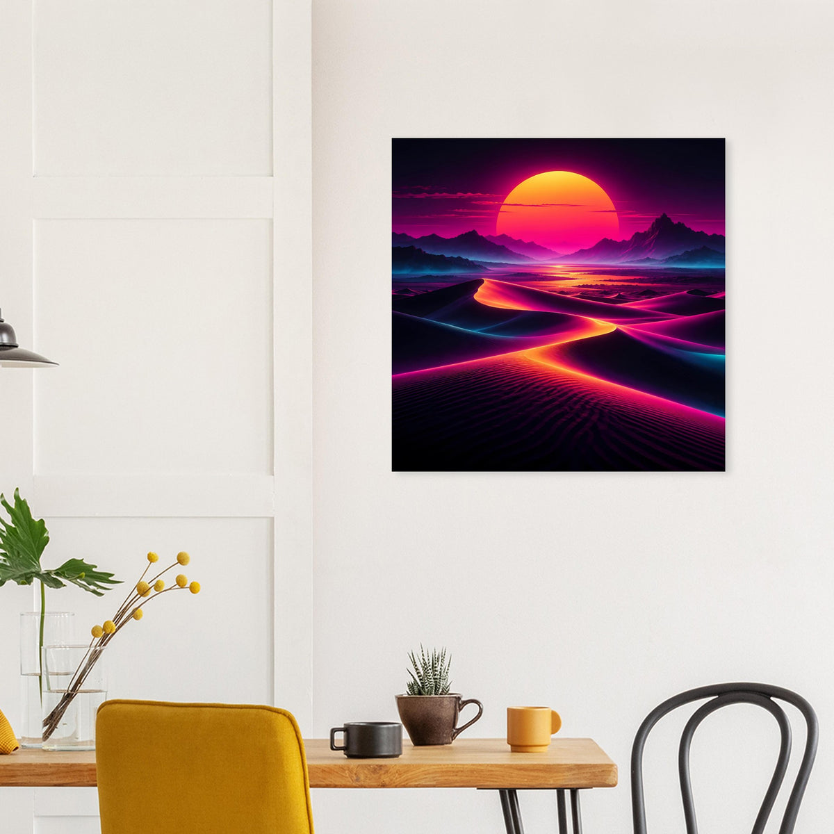 Quadratisches Poster mit leuchtendem Wüstenpfad: orange Sonne, magenta und cyan Lichtspuren