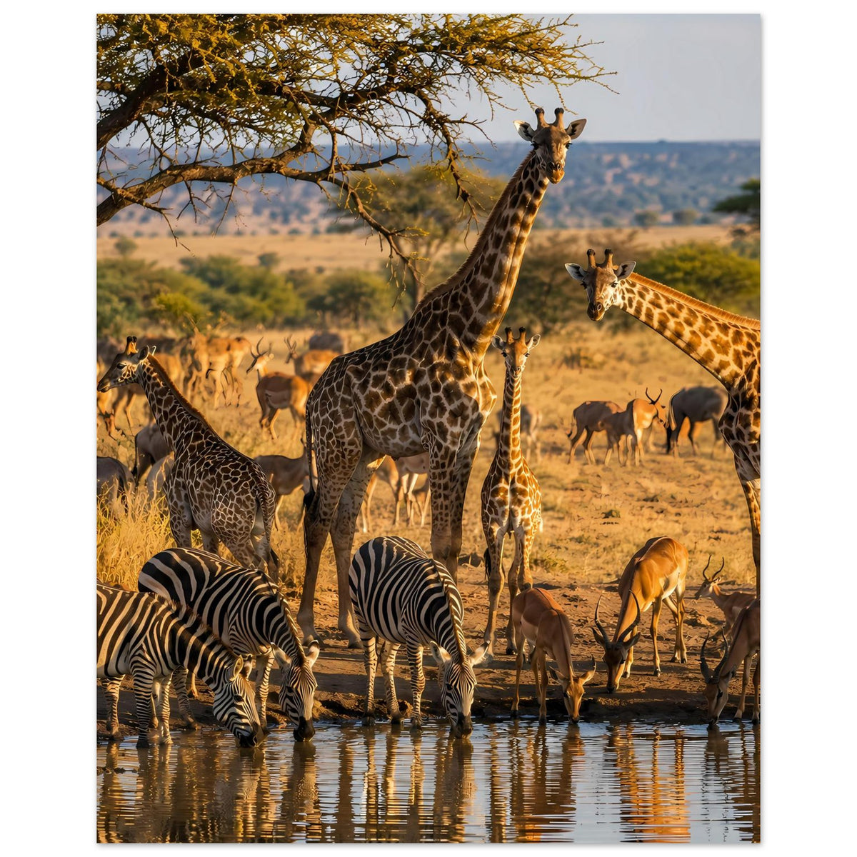 Tierwelt-Poster im Hochformat mit Giraffen, Zebras und Antilopen an einer Wasserstelle