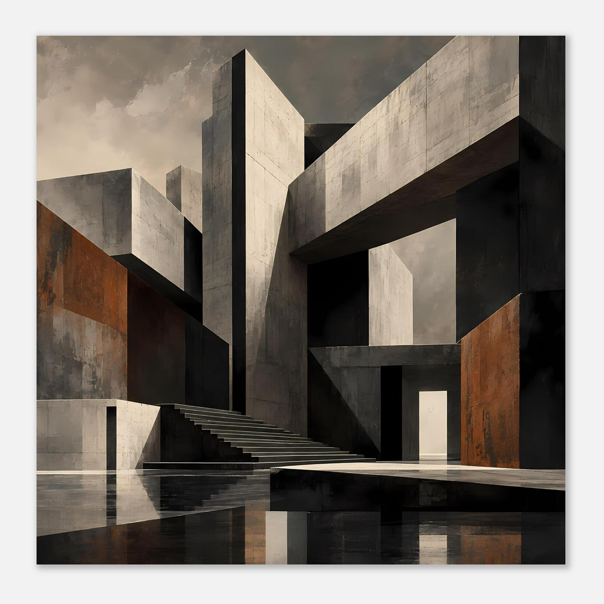 Architekturposter, reduzierte Gebäudeformen mit Treppe und Fensteröffnungen in Grau und Rostbraun