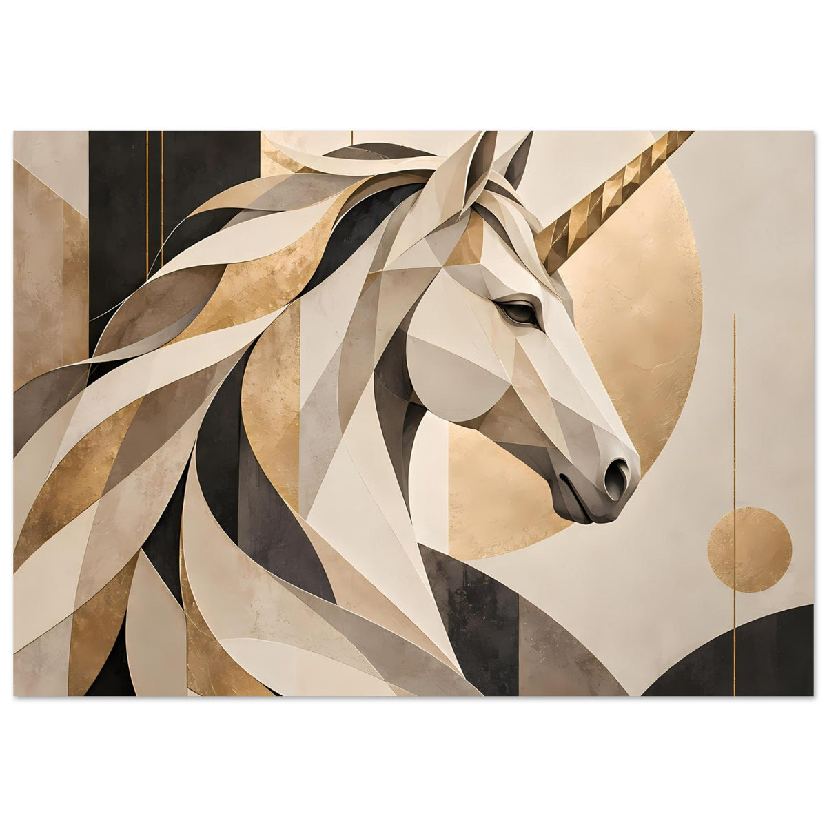 Einhorn-Porträtposter: stilisiertes Einhornprofil mit Horn, Kreis-Element und Linien