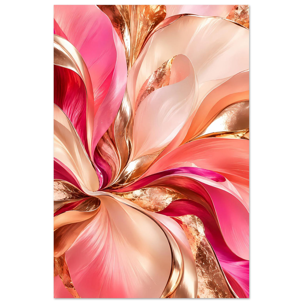Abstraktes Blumenposter: rosa, creme und goldene Farbwirbel wie geschwungene Blütenblätter