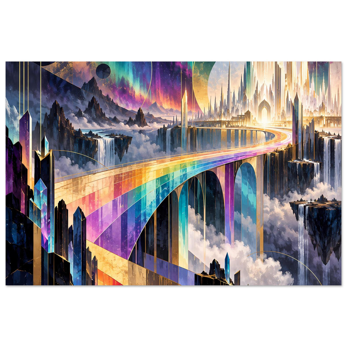 Regenbogenbrücke-Poster mit farbigem Brückenbogen, Wolken und dunklen Stadt Türmen, Querformat
