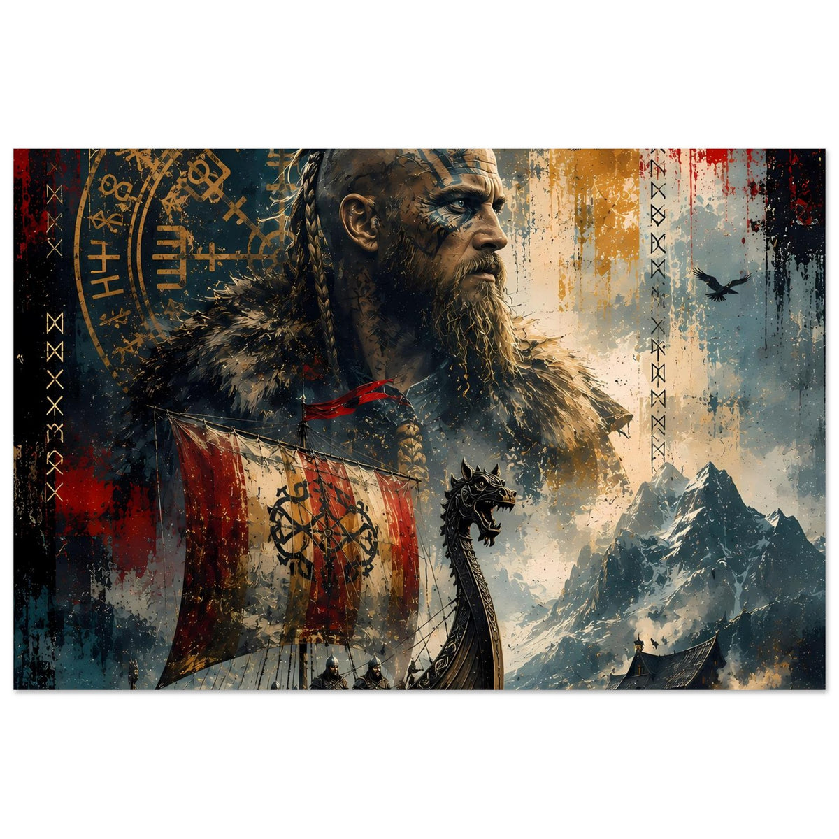 Wikinger-Legendenposter: bärtiger Nordmann im Porträt, Schild und Langschiff-Szene