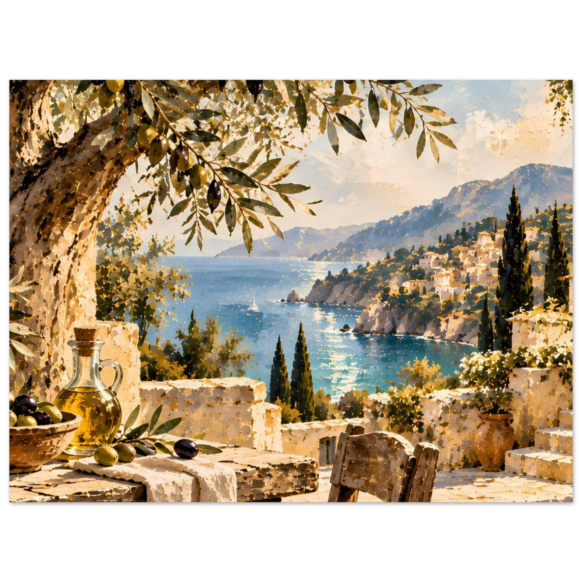 Poster mit Landschaftsansicht am Meer, Zypressen am Ufer, Steinterrasse und Stuhl