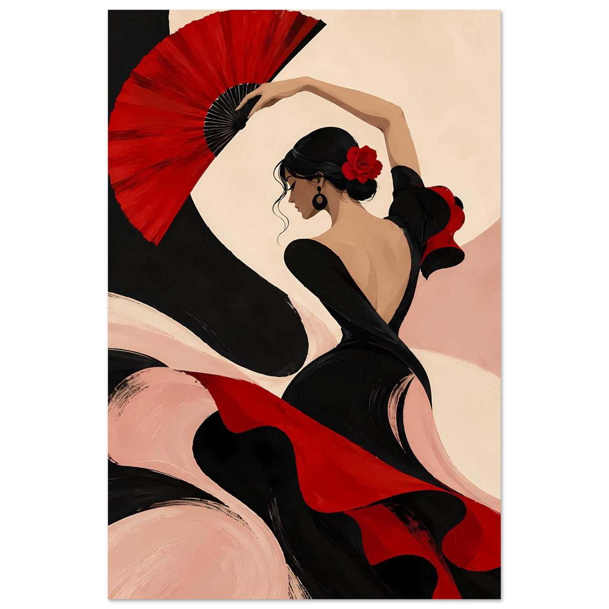Vertikales Poster mit Flamenco-Tänzerin, rotem Fächer, schwarzem Kleid und roten Kontrasten