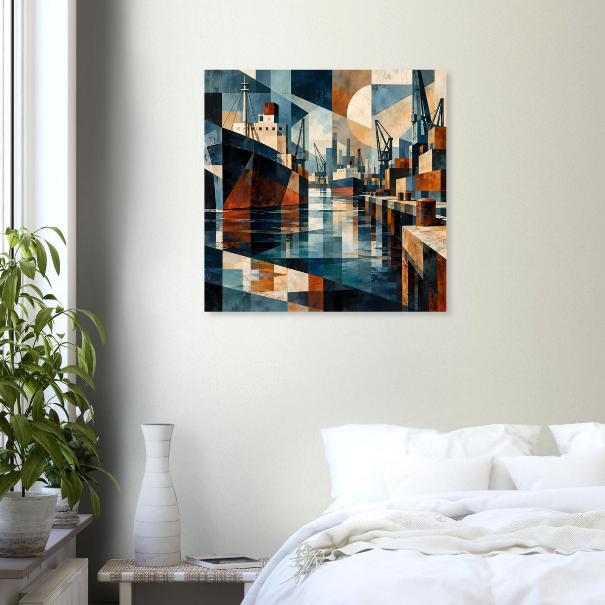 Poster mit geometrischer Hafenszene in Blau- und Erdtönen, Skyline mit dunklen Kanten