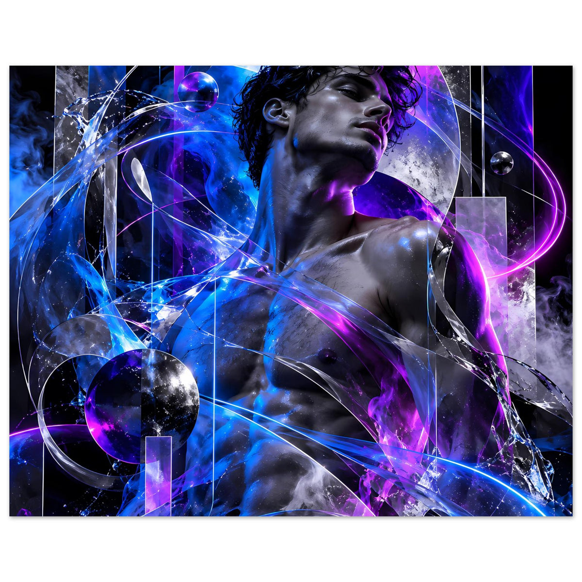 Futuristisches Poster im Querformat: Energiefigur mit blauen Lichtbahnen und violetten Elementen