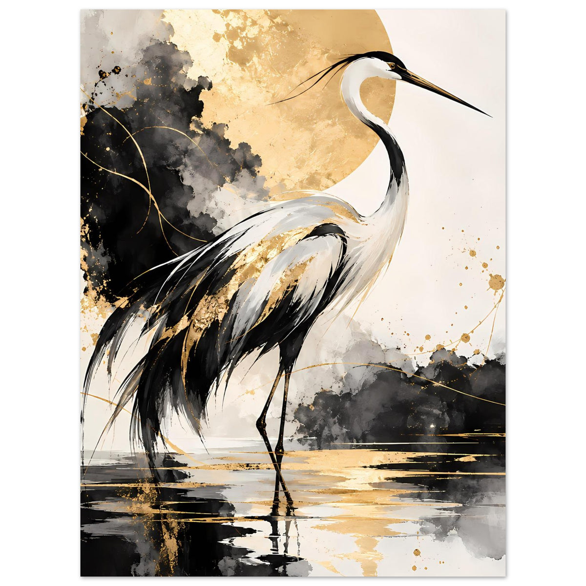 Kranichposter: Vogel in Schwarz, Weiß und Gold, Flügel mit goldenen Akzenten, Hochformat.