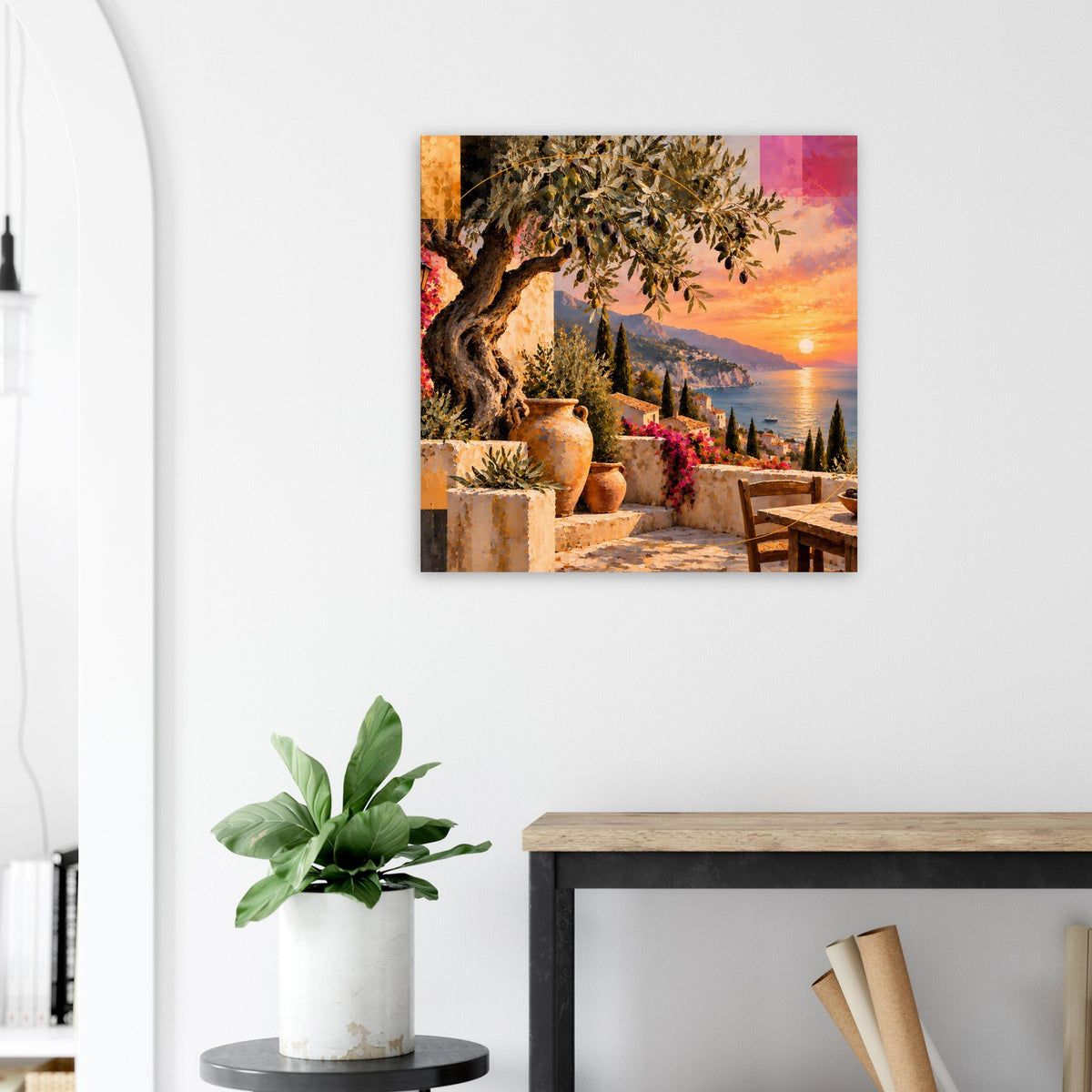 Poster mit Sonnenuntergangs-Terrasse, Olivenbaumzweigen und Blumentöpfen