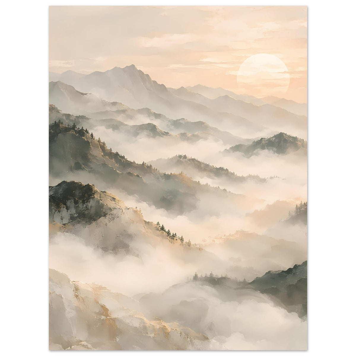 Bergposter mit nebligen Bergketten, warmem Himmel und mattem Finish, vertikal