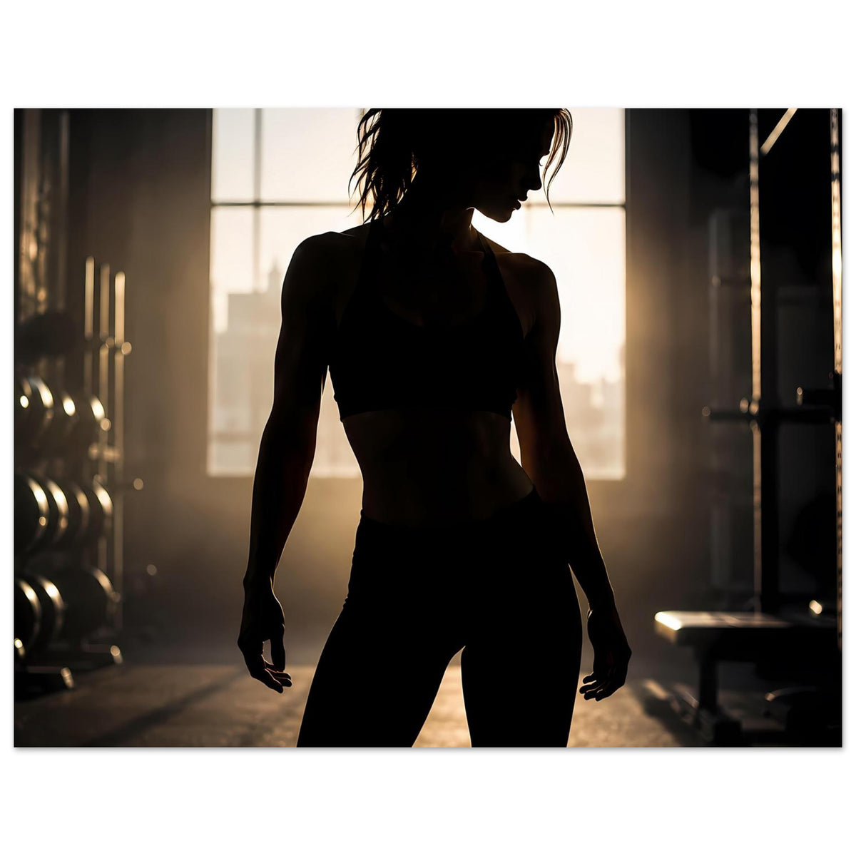 Fitness-Poster: Silhouette einer Sportlerin im dunklen Sportoutfit, Arme leicht gesenkt