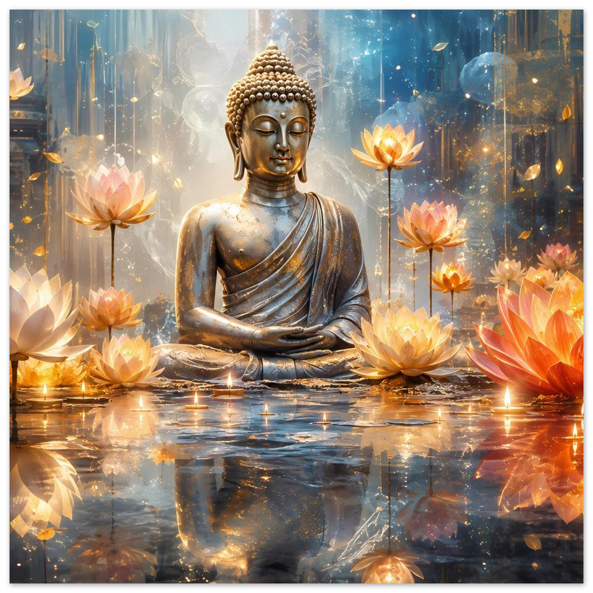 Posteransicht: goldener Buddha im Lotussitz mit orangefarbenen Lotusblüten und spiegelndem Wasser