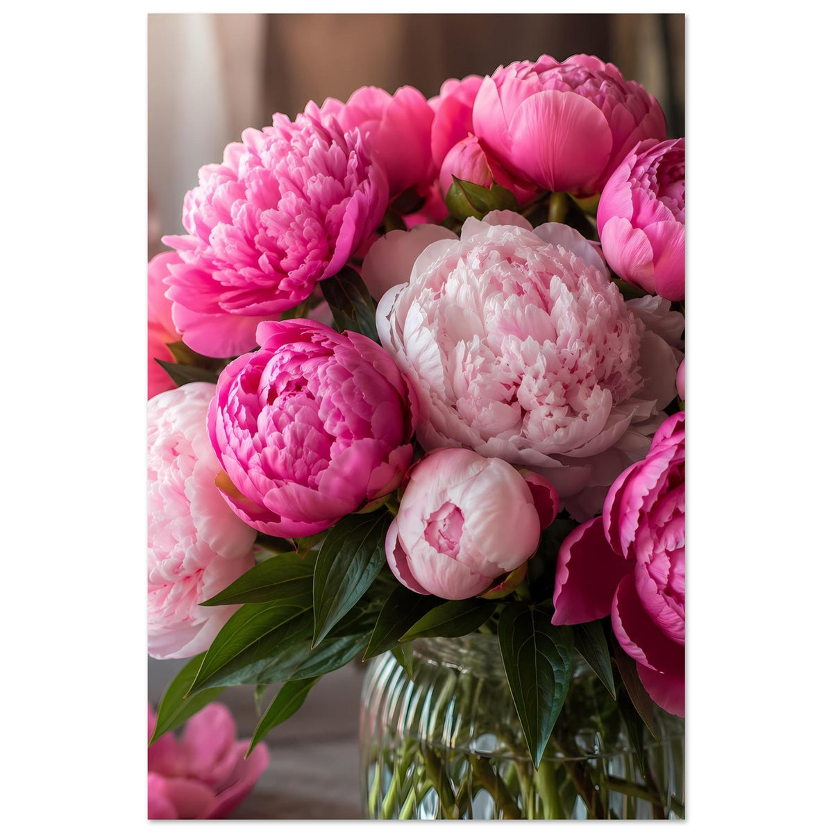 Hochformat-Poster mit Pfingstrosen: rosa, pink und weiße Blüten in Vase