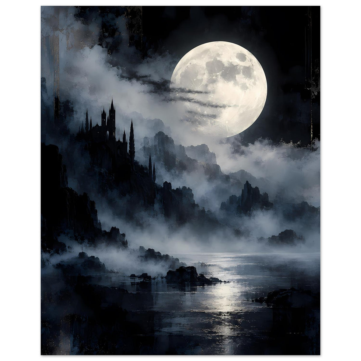 Fantasy-Landschaftsposter mit Vollmond, Wolken und Nebel über Wasser und dunkler Bergsilhouette