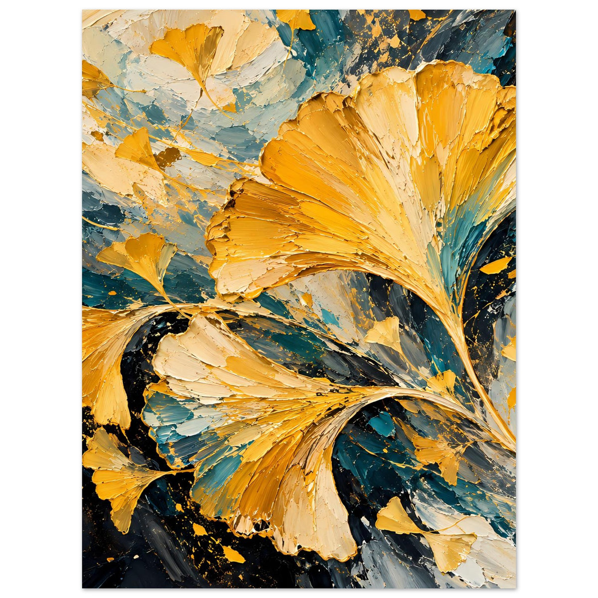 Abstraktes Ginkgo-Poster in Gold und Petrol, abstrakte Blattadern und Farbwirbel