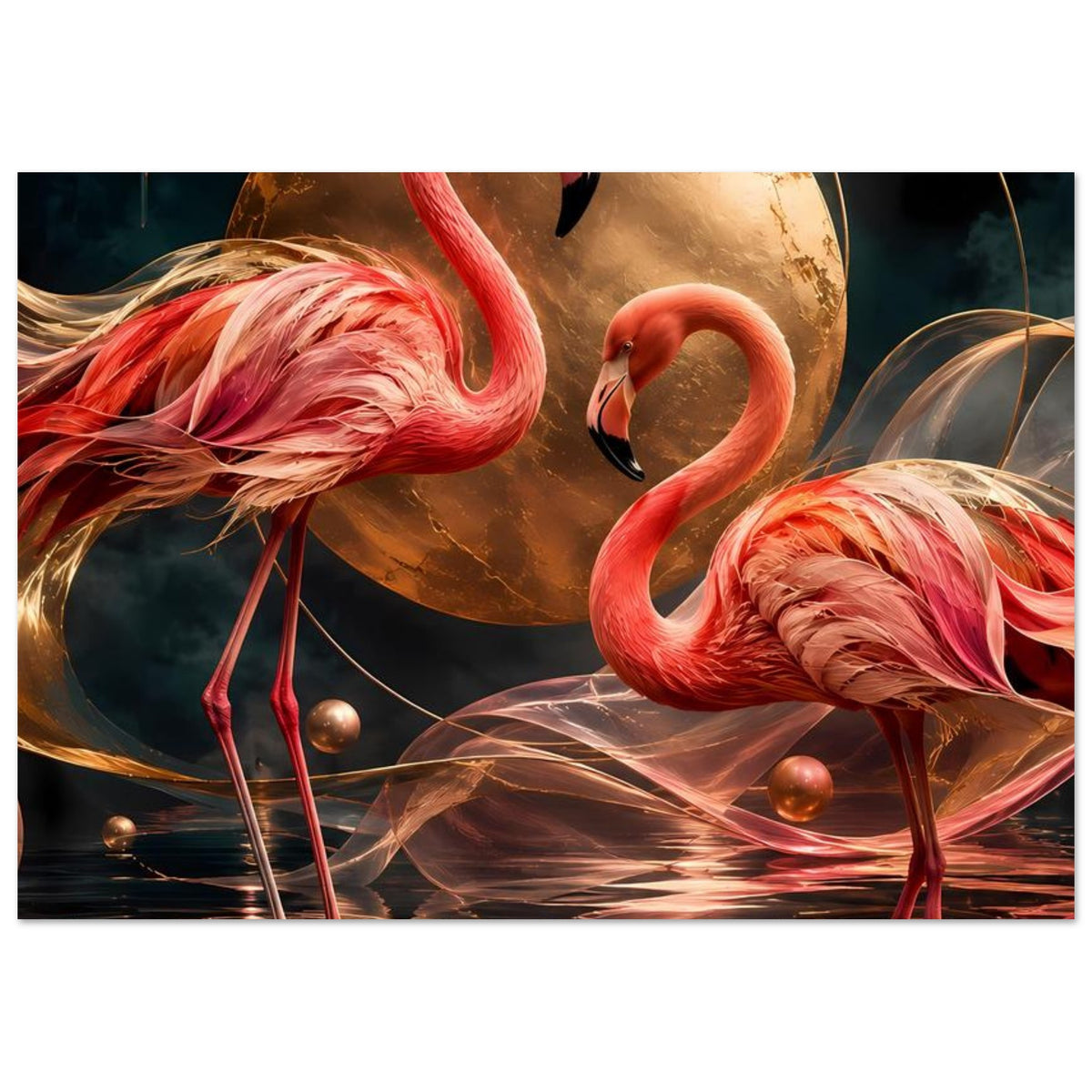 Kunstposter: zwei rosa Flamingos, goldene Mondkugel im Hintergrund