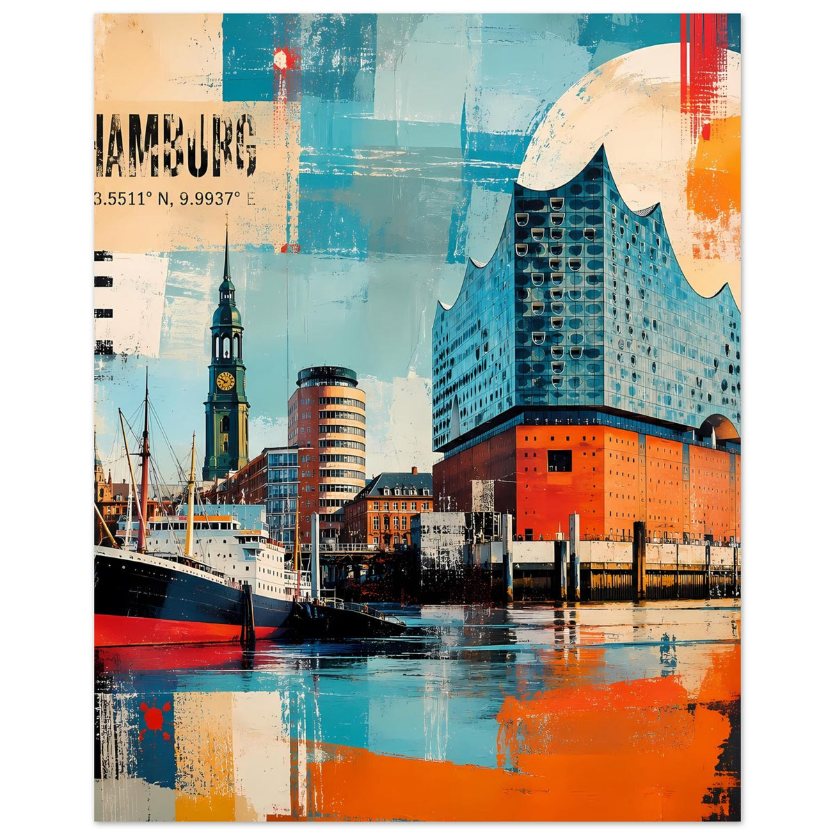 Hamburg-Poster mit Elbphilharmonie und Hafenlinie, türkisblauer und orangefarbener Druck