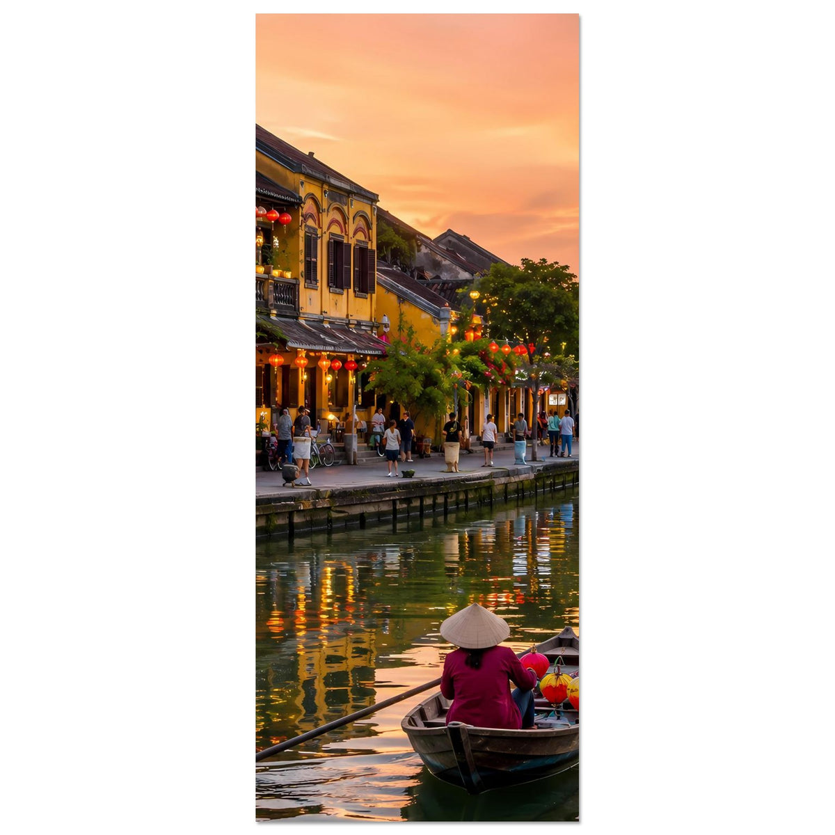 Hochformat-Poster: Fluss bei Sonnenuntergang, Boot mit Kind und Lichter am Ufer.