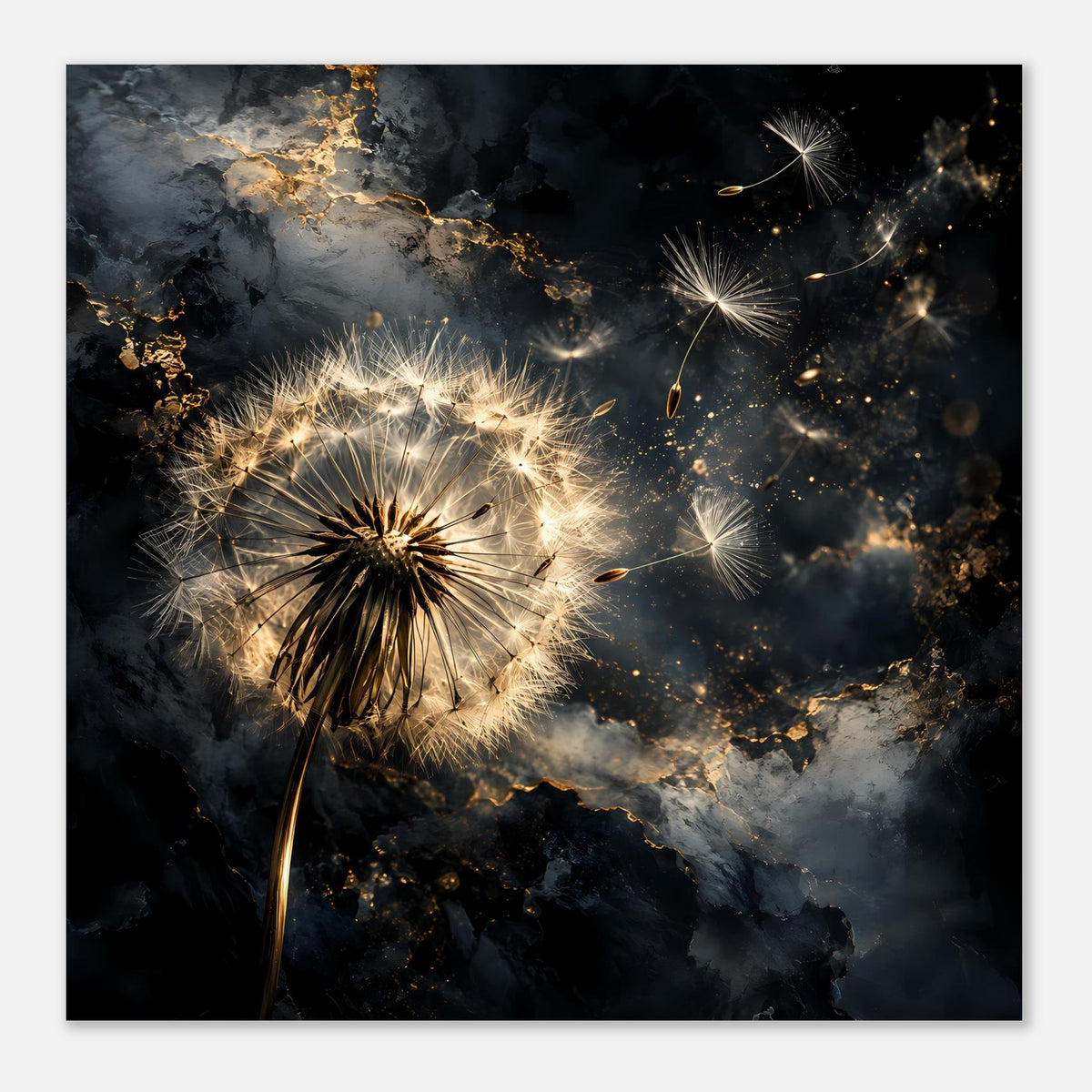 Mattes Poster mit Pusteblume und goldenen Akzenten, umgeben von Wolkendunst