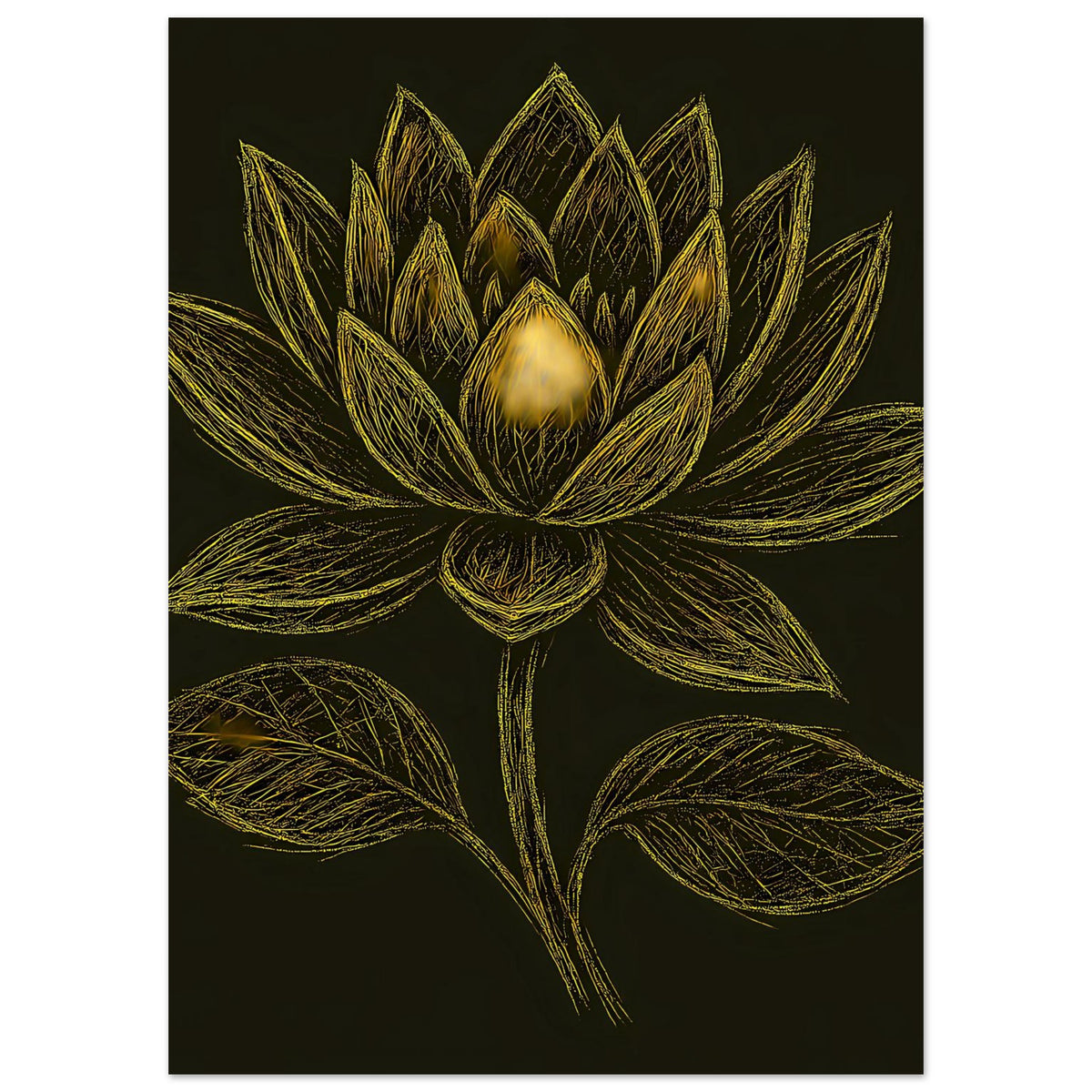 Poster mit goldener Lotusblüte, zentral, auf tiefschwarzem Grund